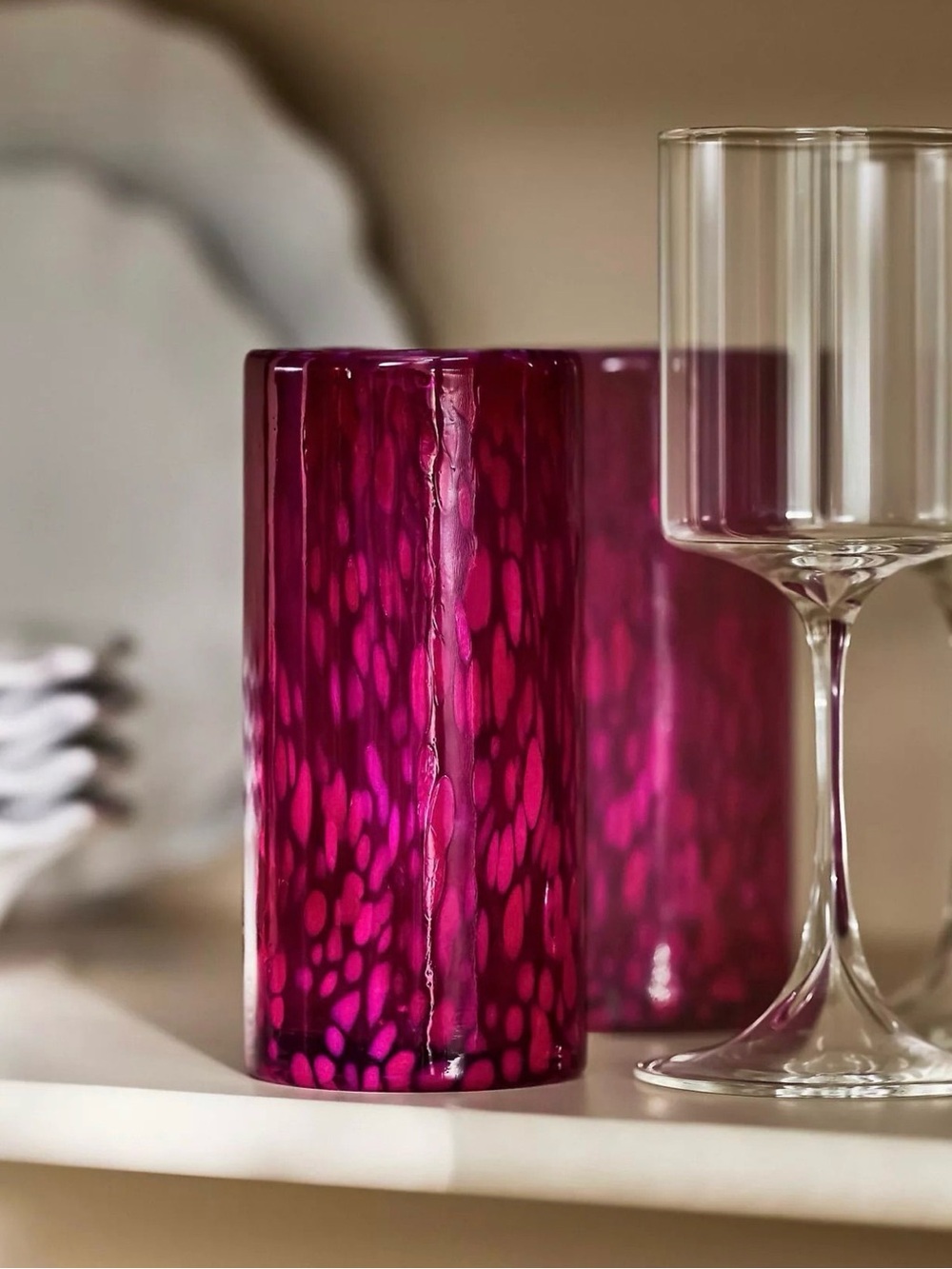 Anthropologie Deep Fuchsia Mottled High Ball Glass